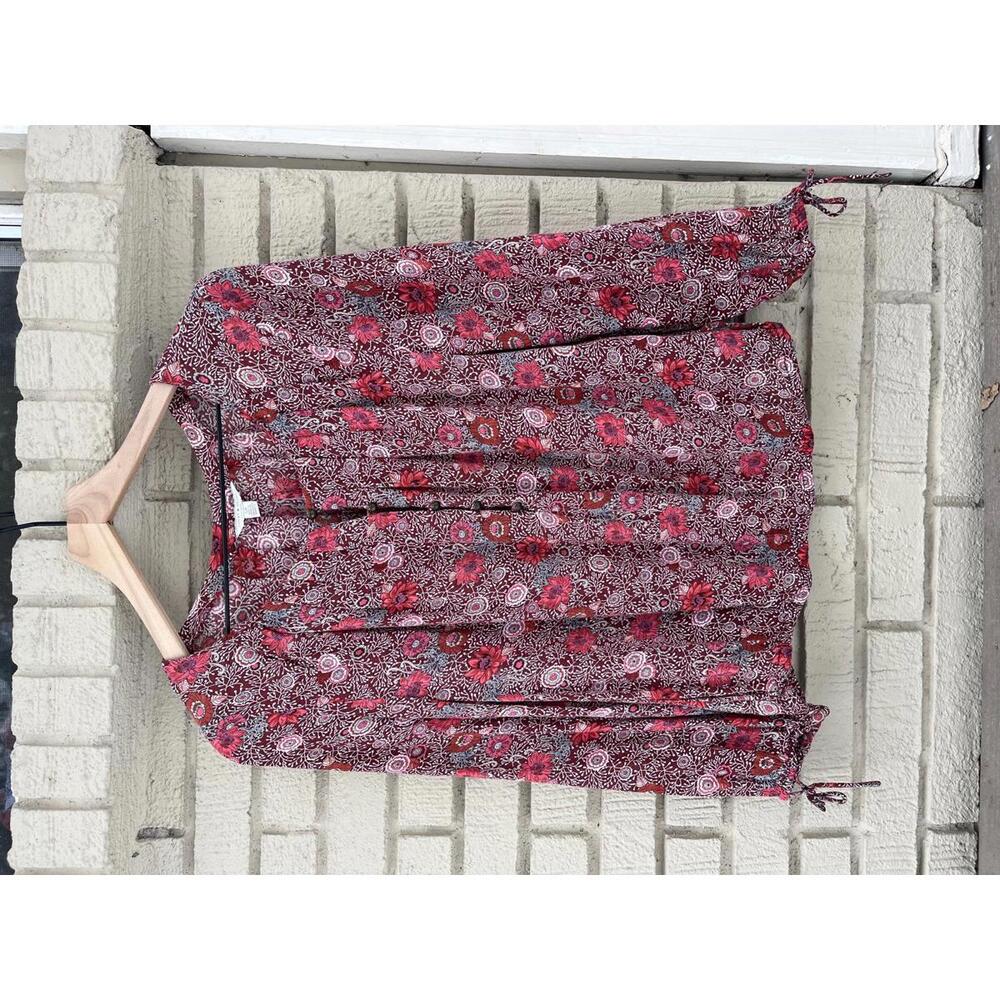 Lucky Brand Peasant Top Boho Flowy Button Tie Sleeve S Small Floral Hippie